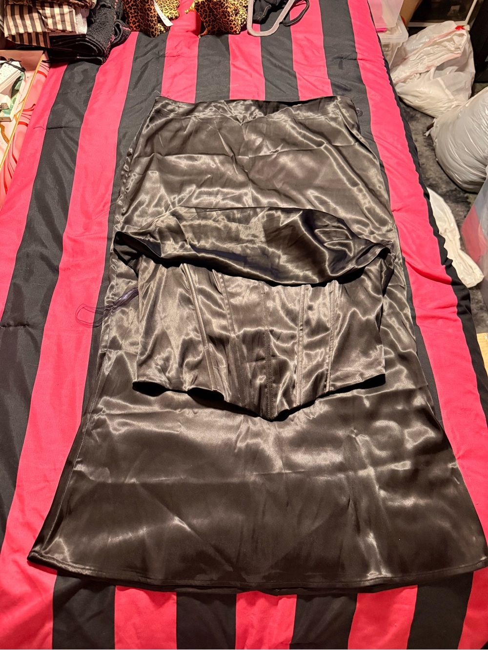 Fashion Nova Black Satin Midi Skirt Set with Shiny Finish